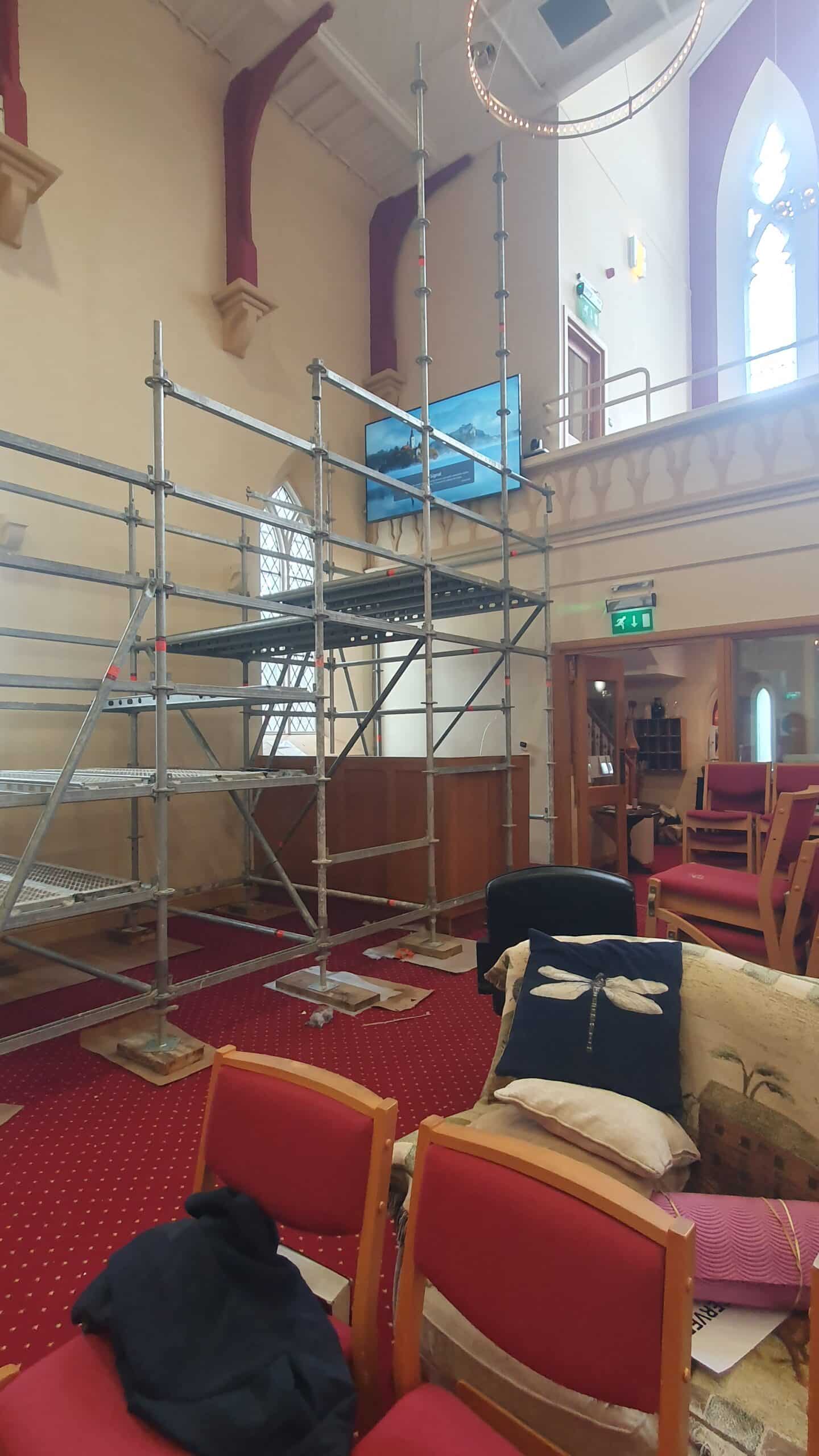 side angle view of scaffolding for high level TV installation in church Rathmines Dublin