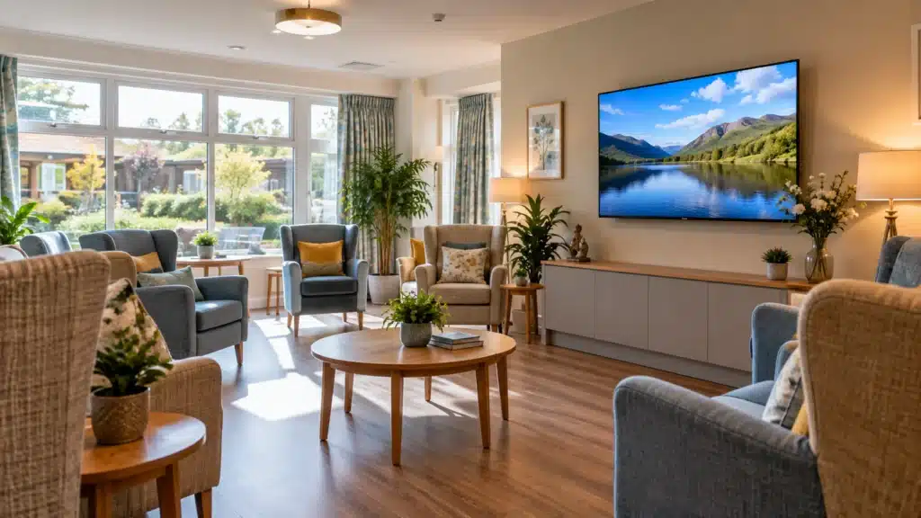 Wall-mounted TV in a nursing home day room, installed by TVPro