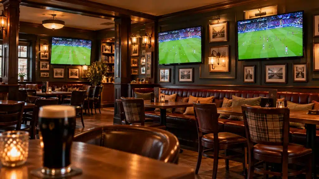 Multiple TVs professionally mounted in a traditional Irish pub