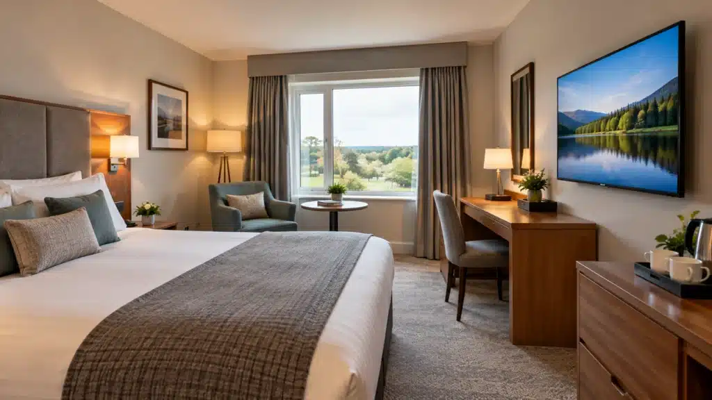 Wall-mounted TV in a hotel guest room