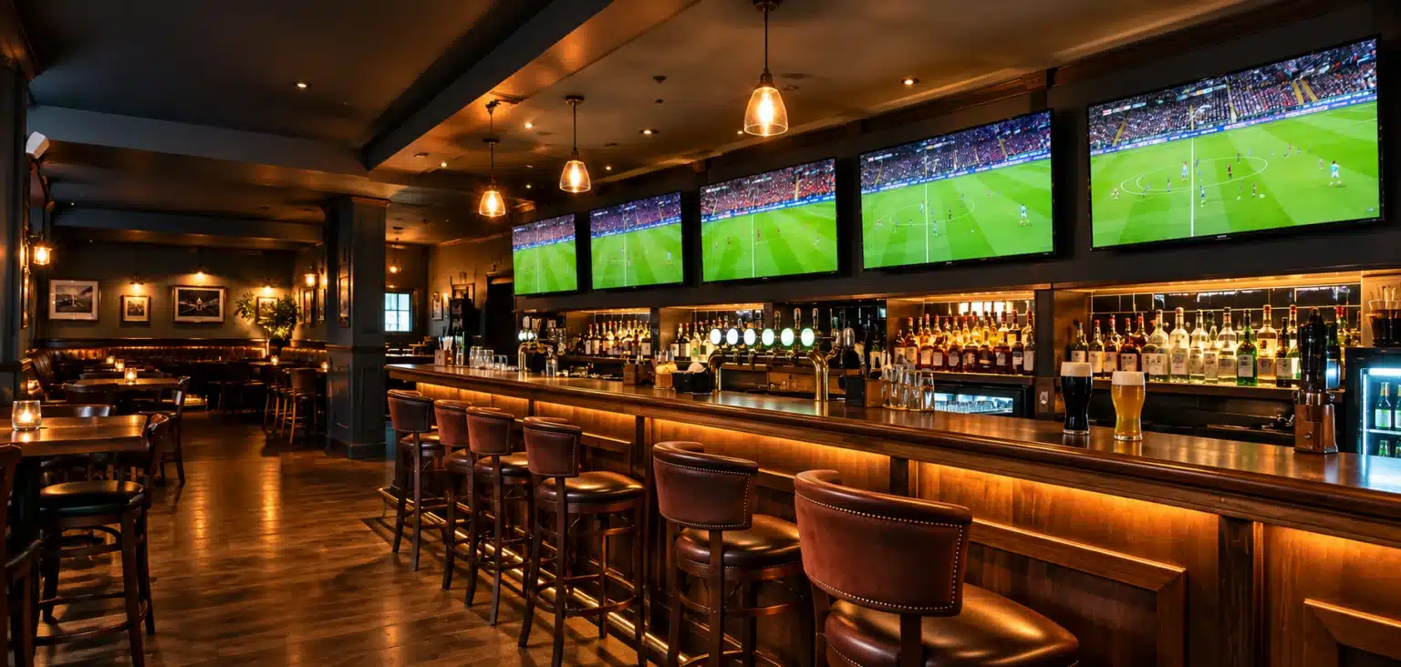 Row of commercial TVs installed above the bar in an Irish sports bar