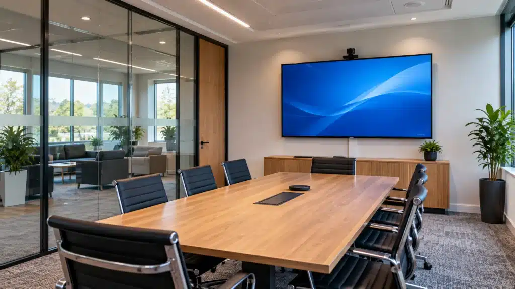 Wall-mounted meeting room display with conferencing camera