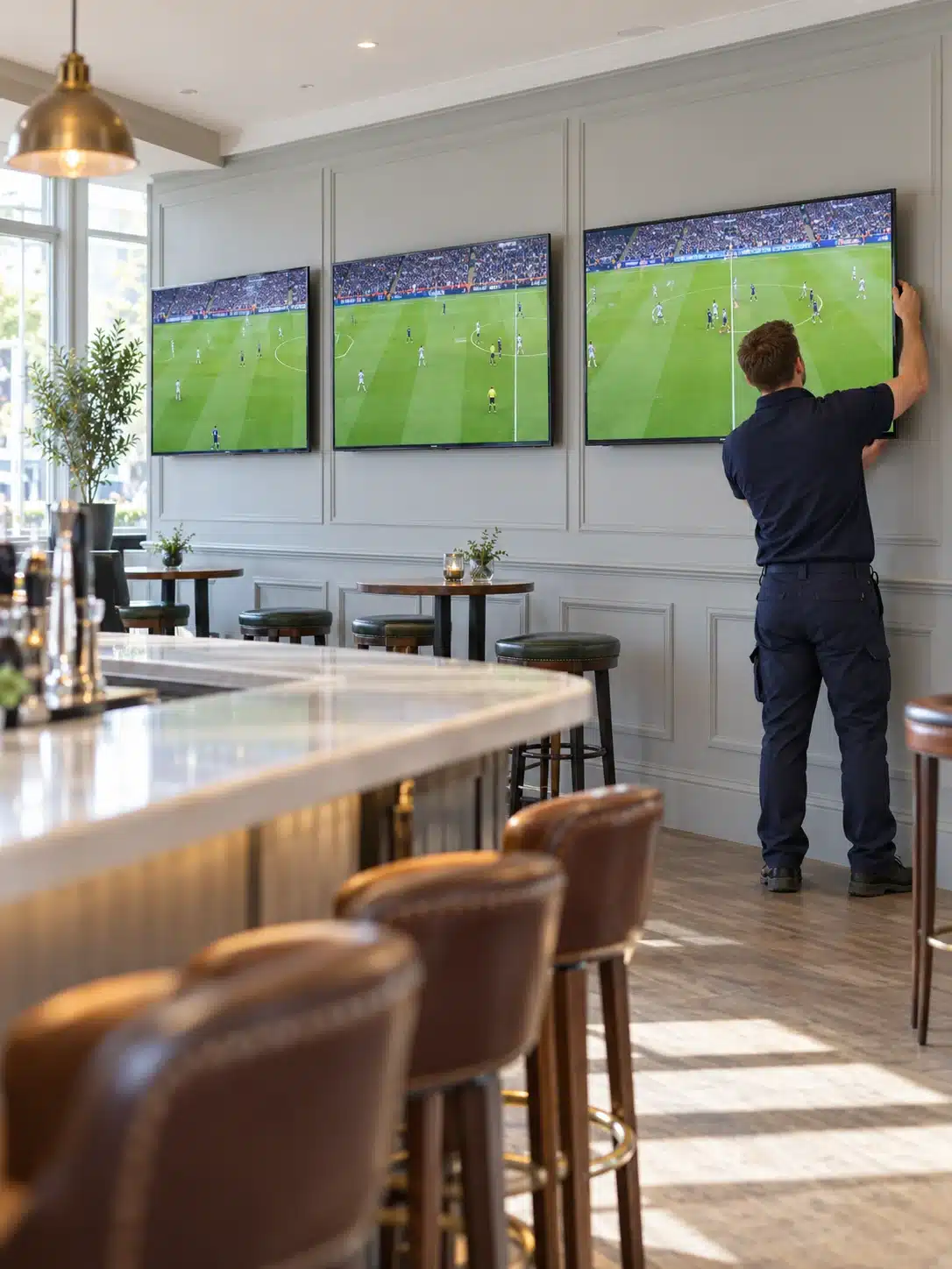 TVPro installer mounting commercial TVs in a bar